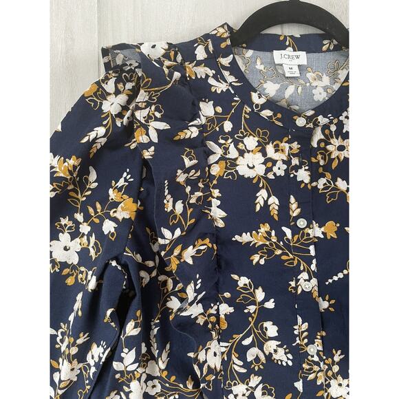 J Crew Shirt Women Medium Navy Gold Ruffle Trim Shoulder Chest Cotton Shirt - Picture 8 of 11